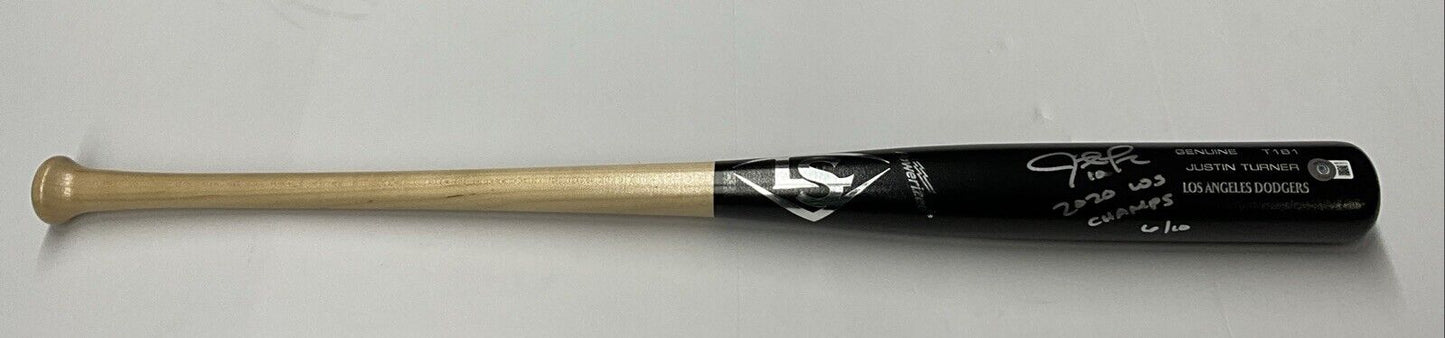 6/10 S JUSTIN TURNER DODGERS SIGNED LOUISVILLE SLUGGER BAT "2020 WS CHAMPS" BAS