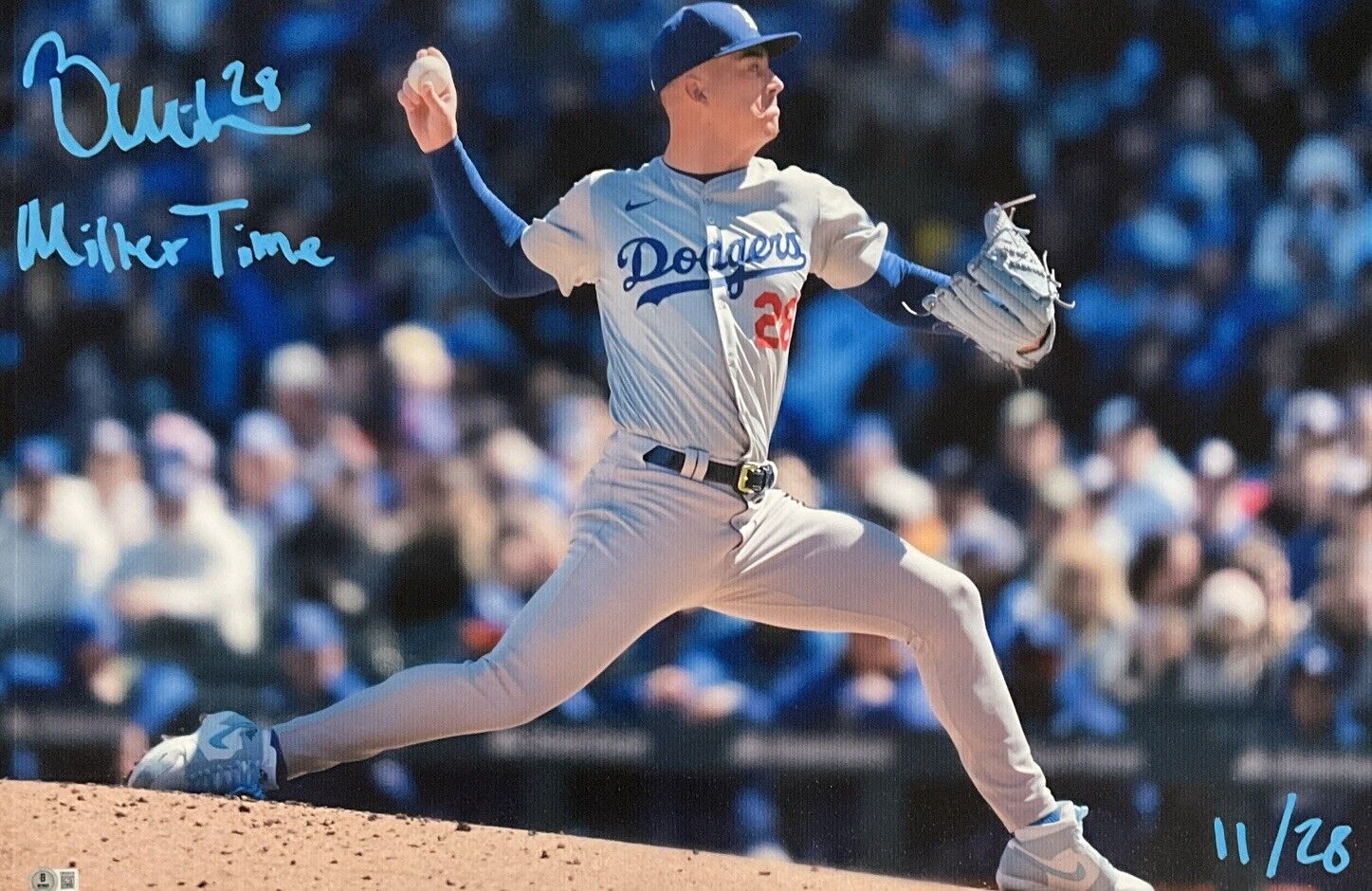 11/28 BOBBY MILLER DODGERS SIGNED 20X30 CANVAS PRINT "MILLER TIME" BECKETT ITP