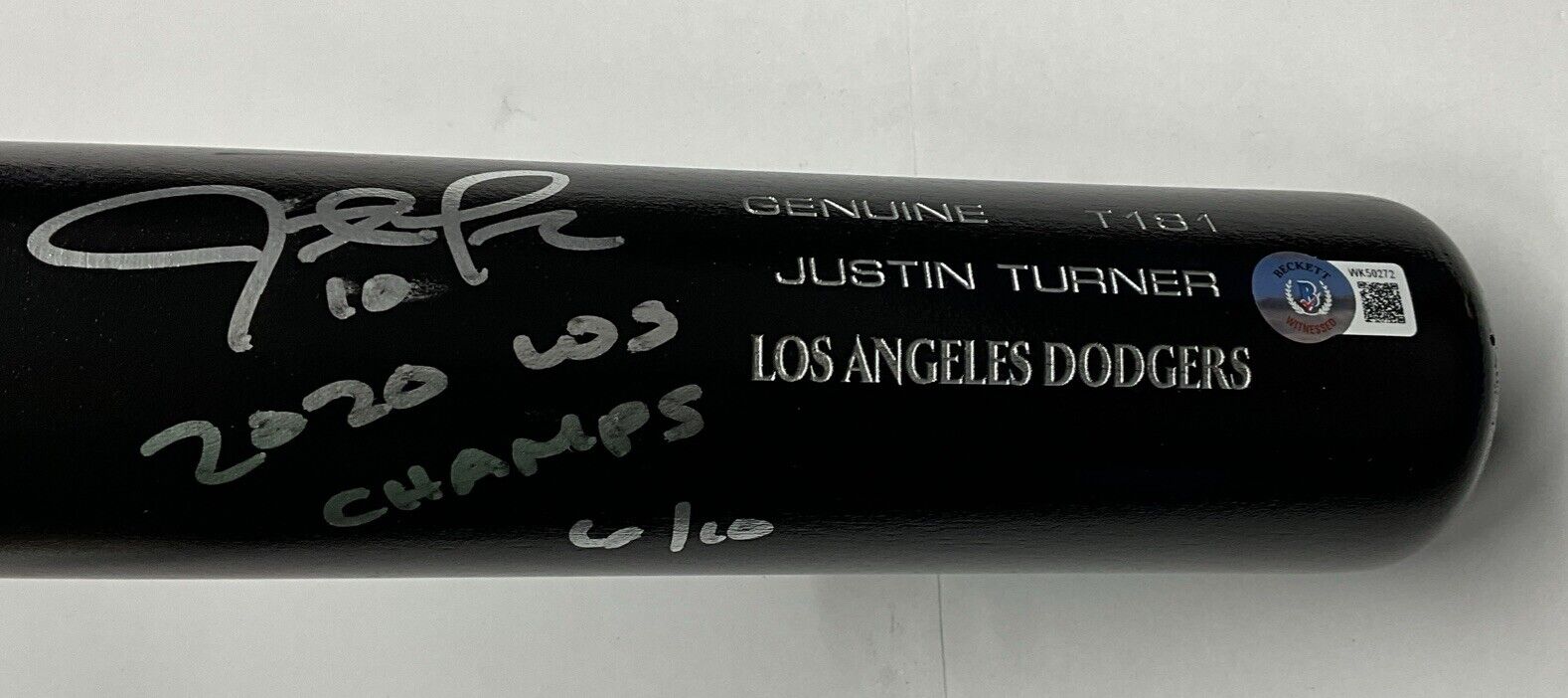 6/10 S JUSTIN TURNER DODGERS SIGNED LOUISVILLE SLUGGER BAT "2020 WS CHAMPS" BAS