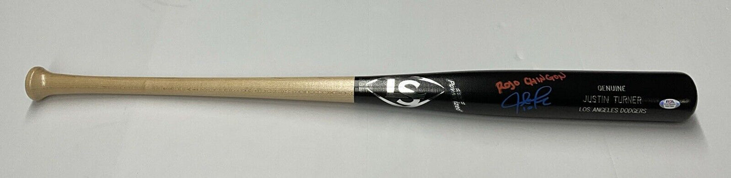 JUSTIN TURNER DODGERS SIGNED LOUISVILLE SLUGGER BAT "ROJO CHINGON" PSA 9A87960