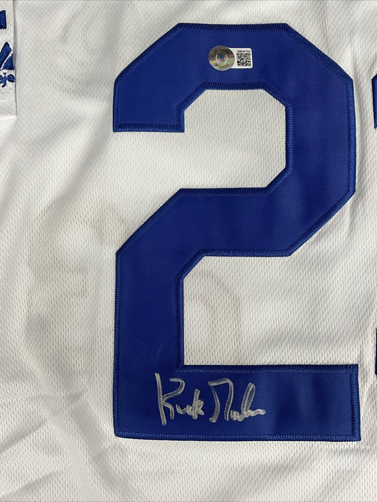 KIRK GIBSON SIGNED DODGERS 88 WORLD SERIES JERSEY "88 NL MVP" INSC BAS WN40760