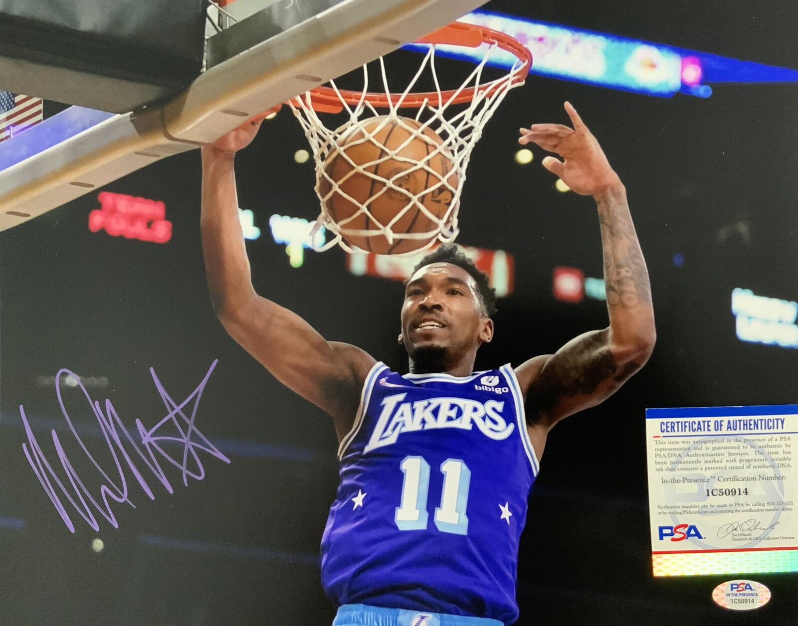 MALIK MONK LAKERS SIGNED 11x14 DUNK PURPLE JERSEY PHOTO PSA ITP AUTHENTICATED