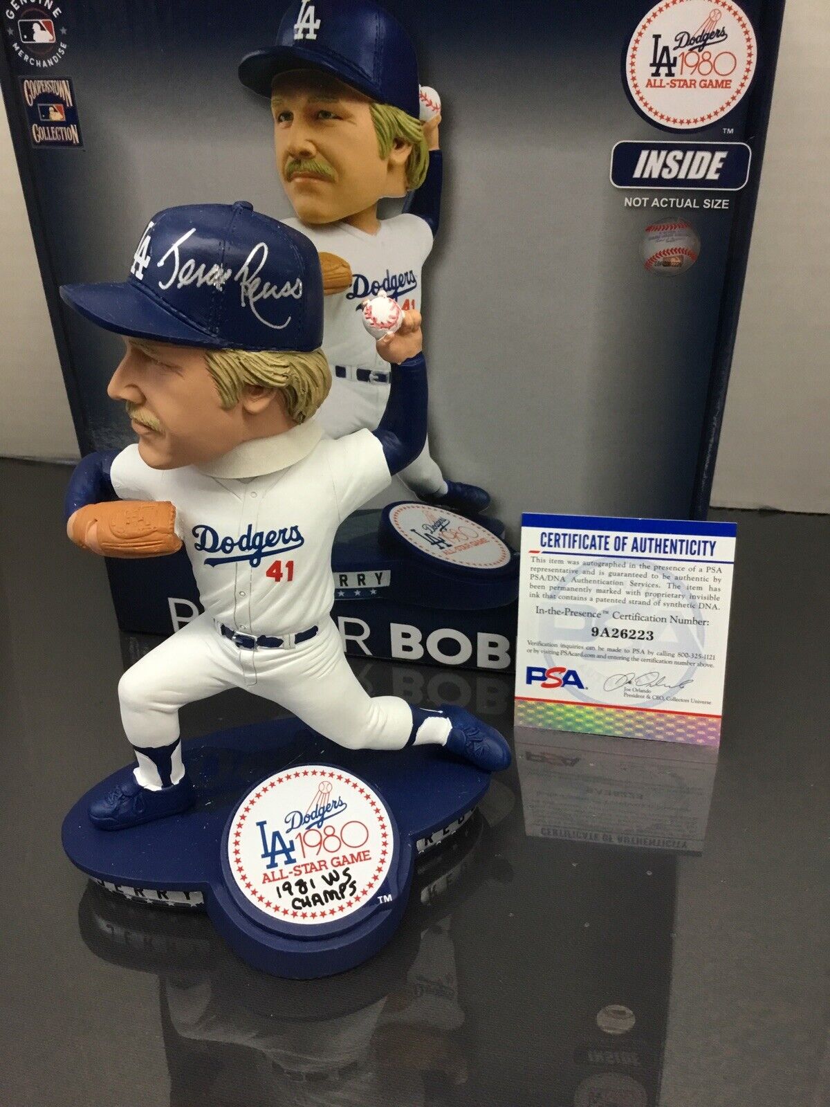 JERRY REUSS DODGERS SIGNED 1980 ALLSTAR GAME FOCO BOBBLEHEAD '81 WS CHAMPS" PSA