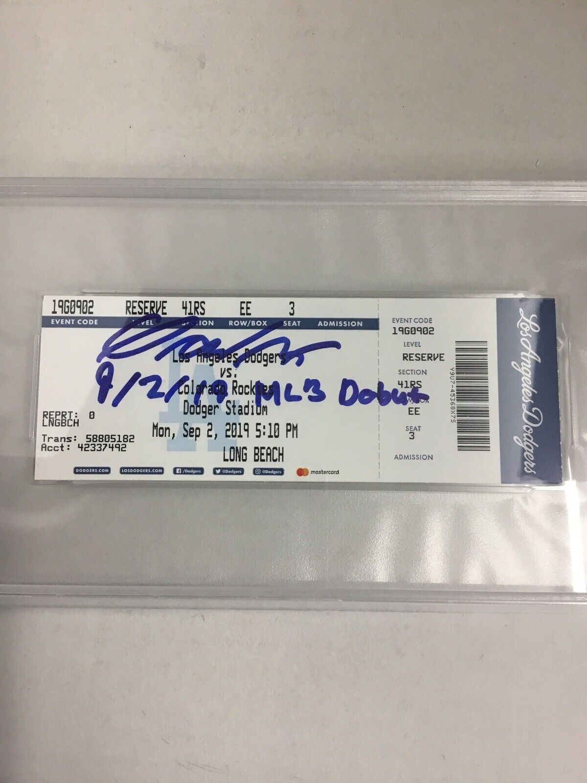 GAVIN LUX SIGNED PSA SLABBED TICKET STUB "9/2/19 MLB DEBUT" INSCRIPT FANATICS 35