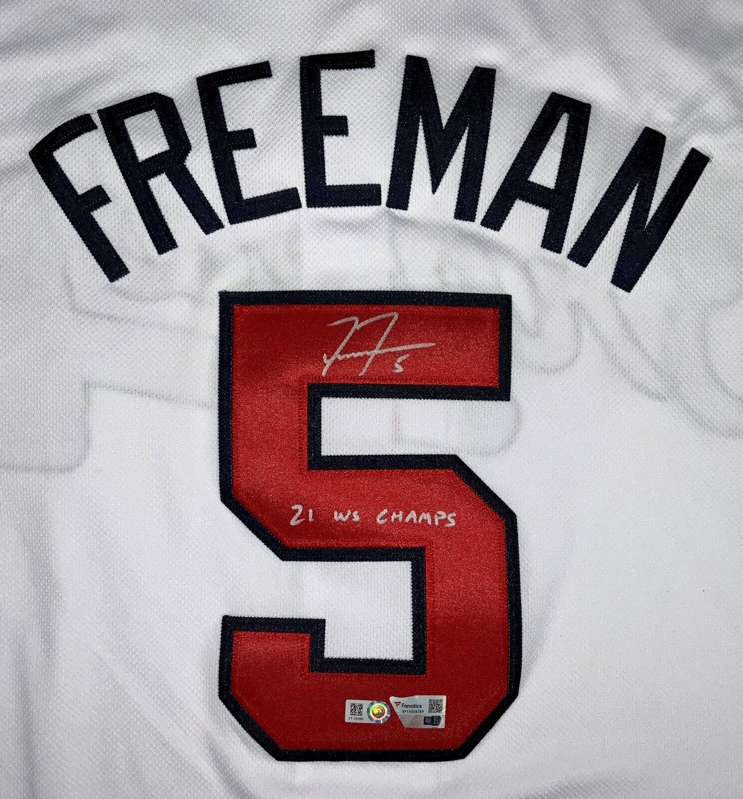 FREDDIE FREEMAN SIGNED BRAVES 2021 WORLD SERIES JERSEY "21 WS CHAM" MLB FANATICS