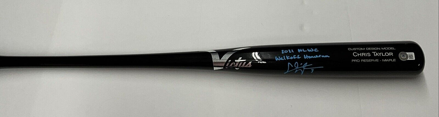 CHRIS TAYLOR DODGERS SIGNED VICTUS BAT "2021 NL WC WALK0FF HOMERUN" BAS WZ59571