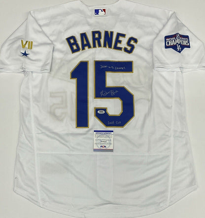 AUSTIN BARNES SIGNED 2020 CHAMPIONS JERSEY "2020 WS CHAMPS LAST OUT" PSA 2C59535