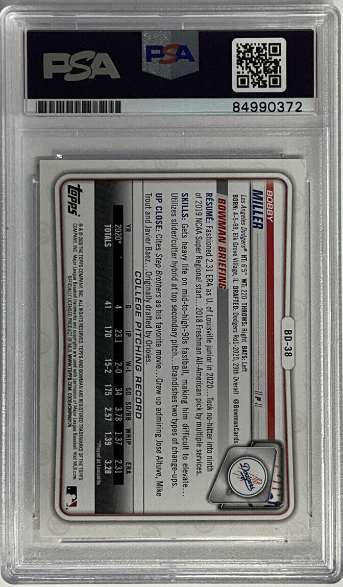 BOBBY MILLER DODGERS SIGNED 1ST BOWMAN PSA SLAB ROOKIEGRAPH ITP 84990372