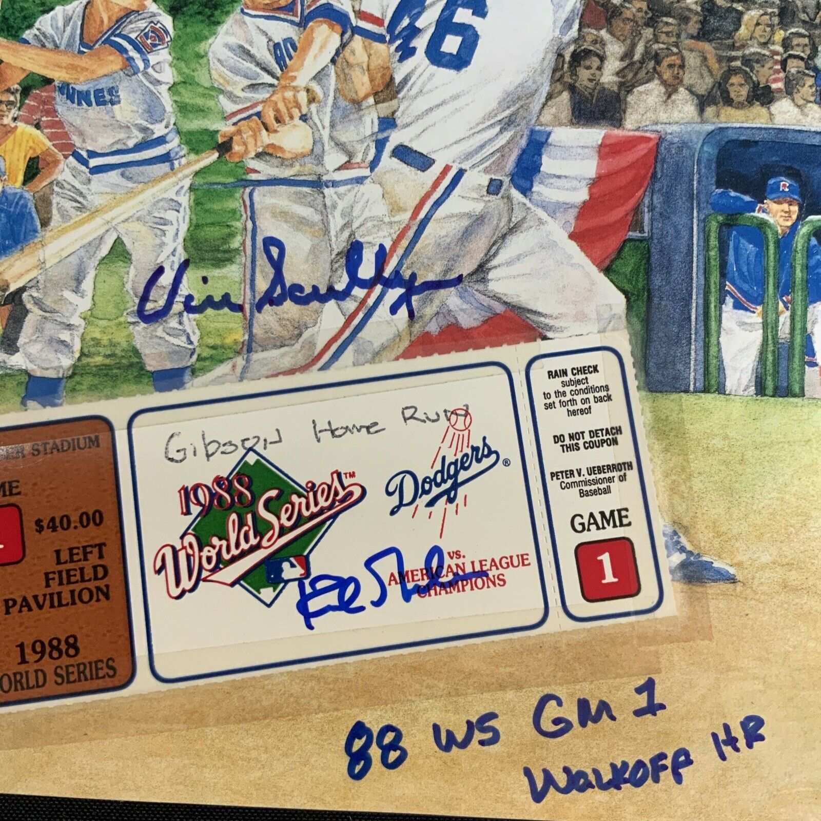 1988 WORLD SERIES PROGRAM SIGNED BY VIN SCULLY & KIRK GIBSON W/ TICKET STUB PSA