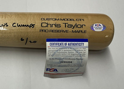 6/20 CHRIS TAYLOR DODGERS SIGNED VICTUS GAME MODEL BAT "2020 WS CHAMPS" INS PSA