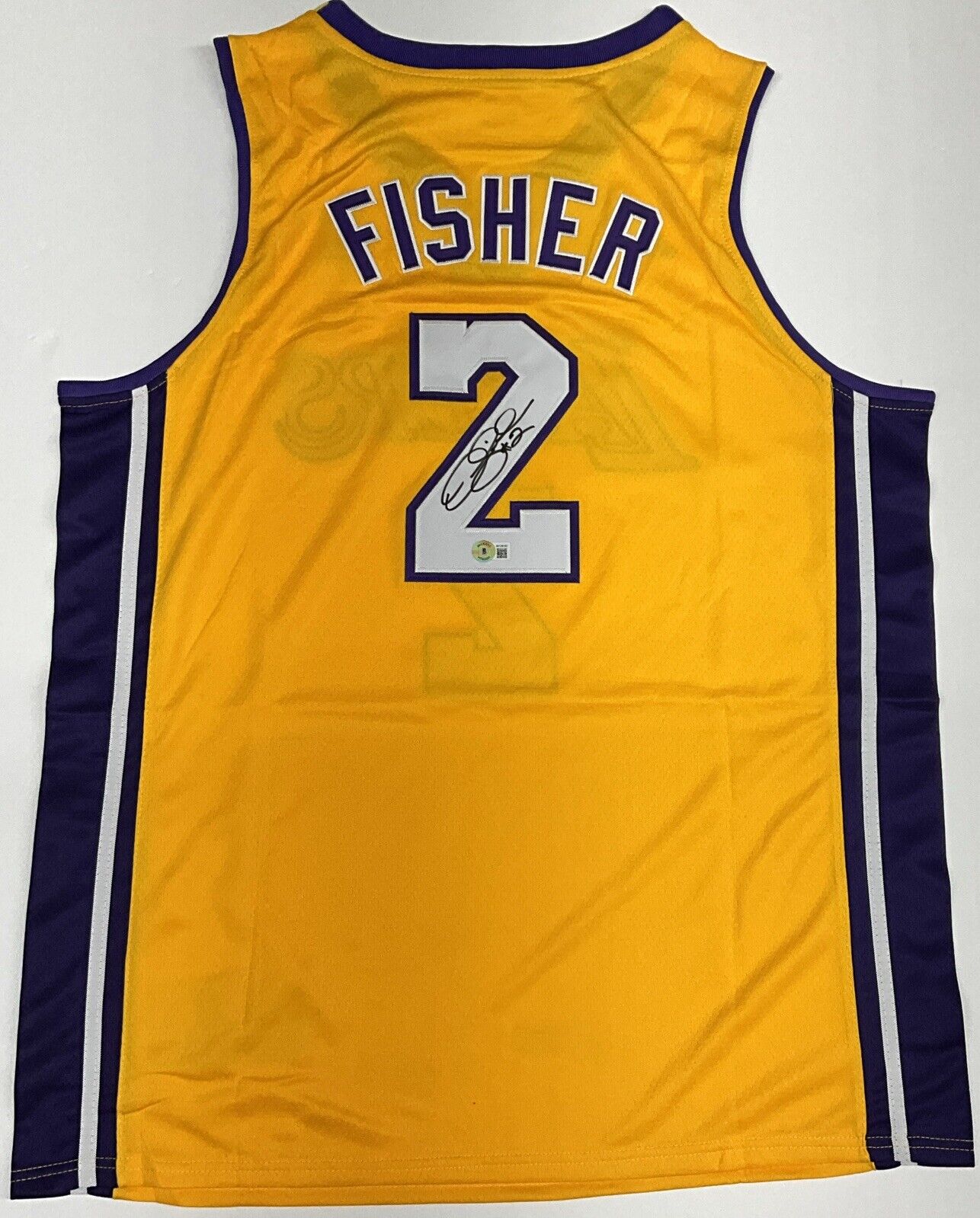 DEREK FISHER LOS ANGELES LAKERS 5X NBA CHAMP SIGNED HOME JERSEY BECKETT W128197