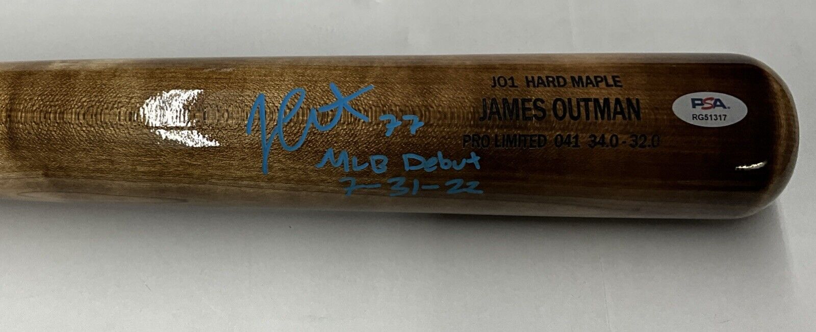 JAMES OUTMAN DODGERS SIGNED MARK LUMBER MODEL BAT "MLB DEBUT 7-31-22 PSA RG51317