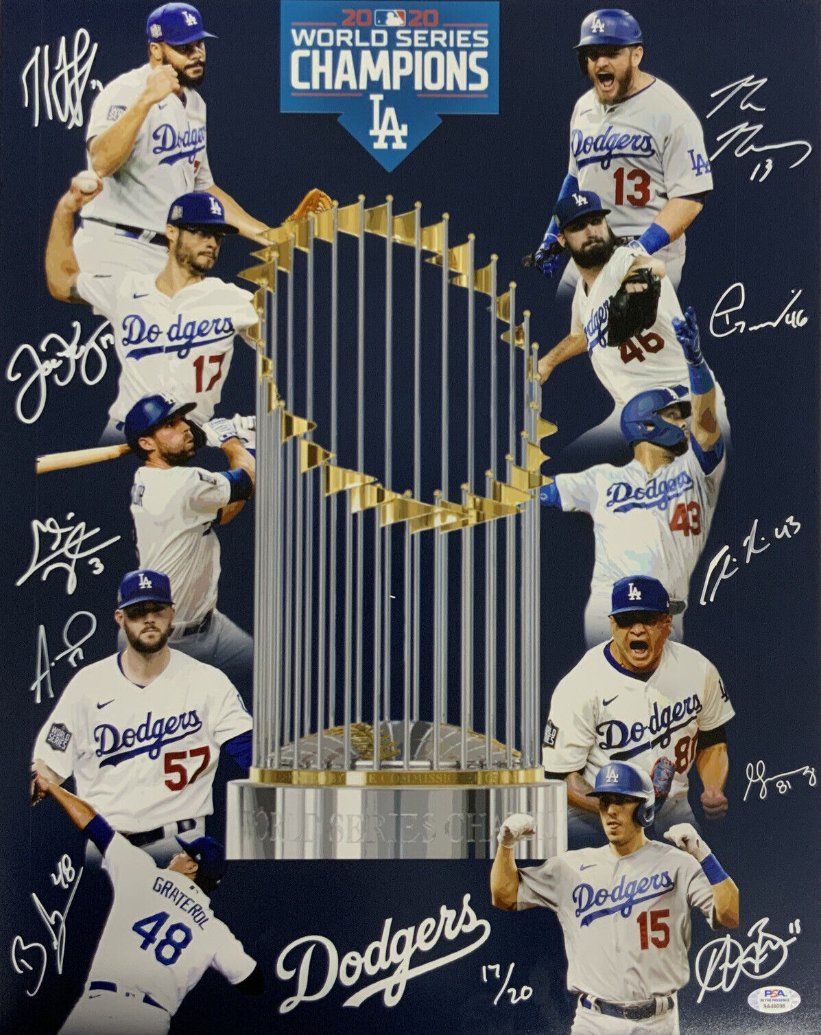 17/20 DODGERS 2020 WORLD SERIES 16X20 PHOTO WITH 10 AUTOGRAPHS MUNCY TAYLOR PSA