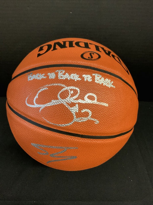 SHAQUILLE O'NEAL DEREK FISHER SIGNED BASKETBALL "BACK 2 BACK 2 BACK" PSA 9A24104