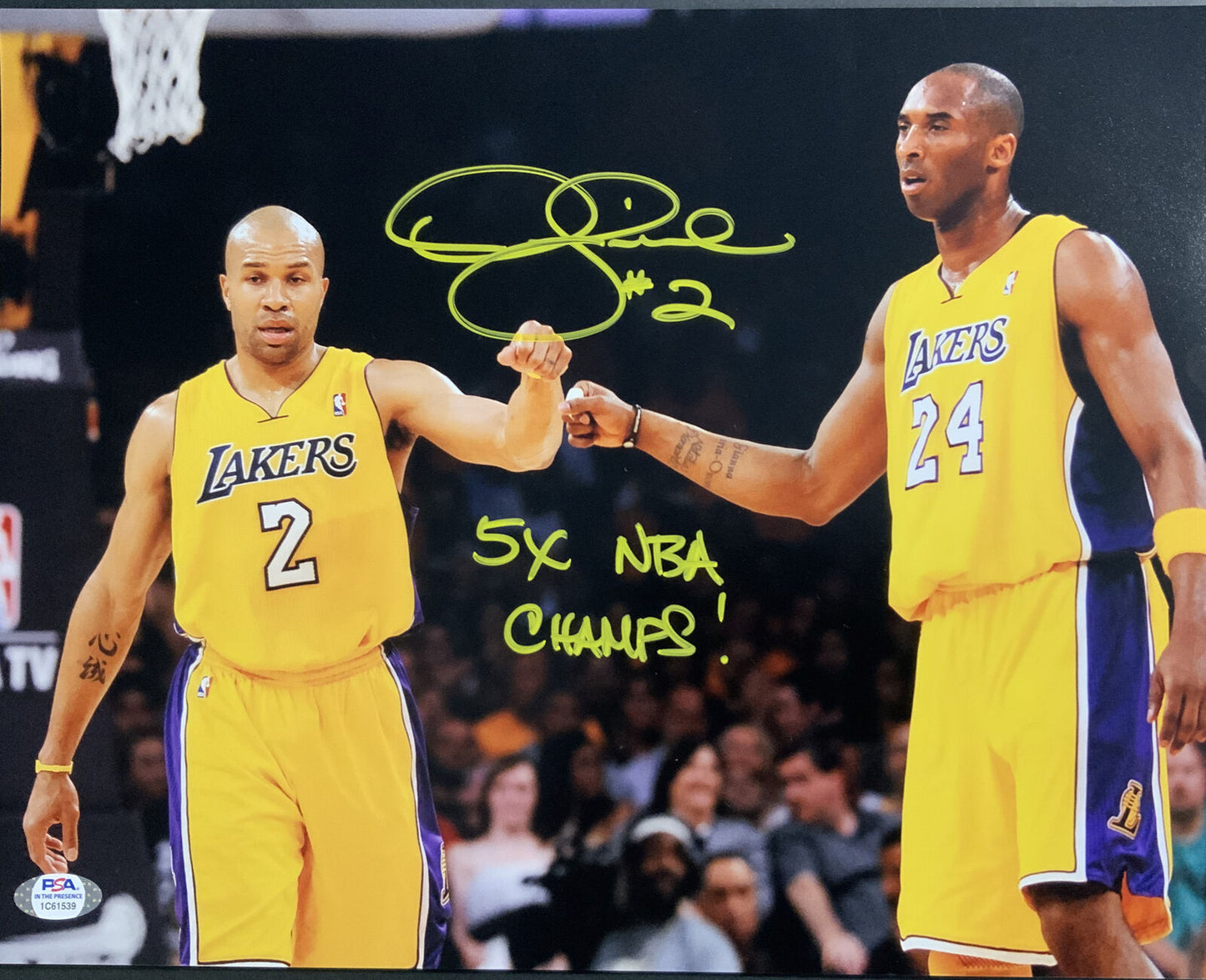 DEREK FISHER SIGNED 11X14 PHOTO WITH KOBE BRYANT "5X NBA CHAMPS" INSC PSA ITP