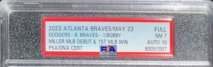 BOBBY MILLER MLB DEBUT & 1ST WIN 5/23/23 Ticket Stub PSA GEM MT 10 AUTO 80057007