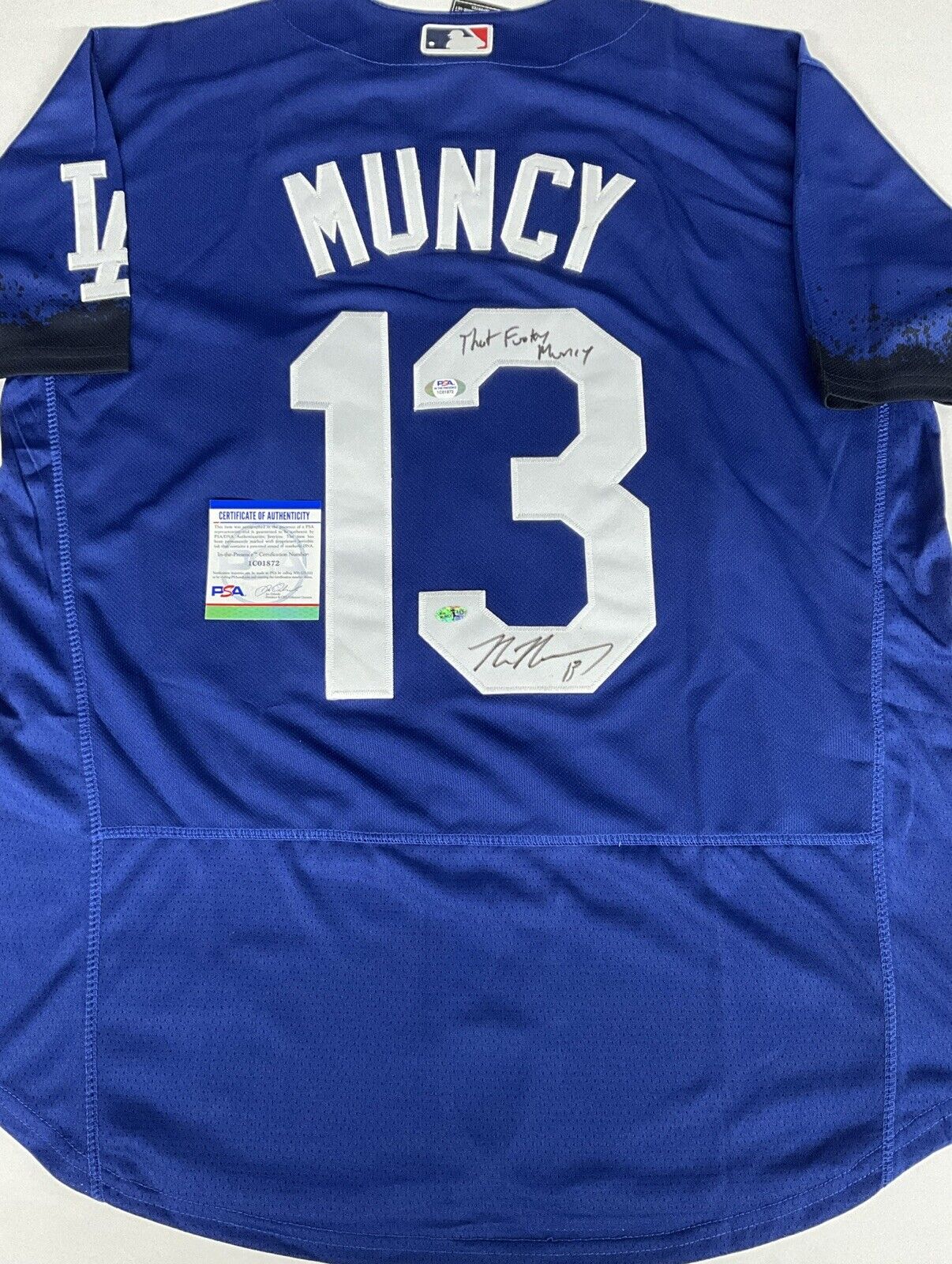 MAX MUNCY DODGERS SIGNED CITY CONNECT JERSEY "THAT FUNKY MUNCY" INSC PSA 1C01872