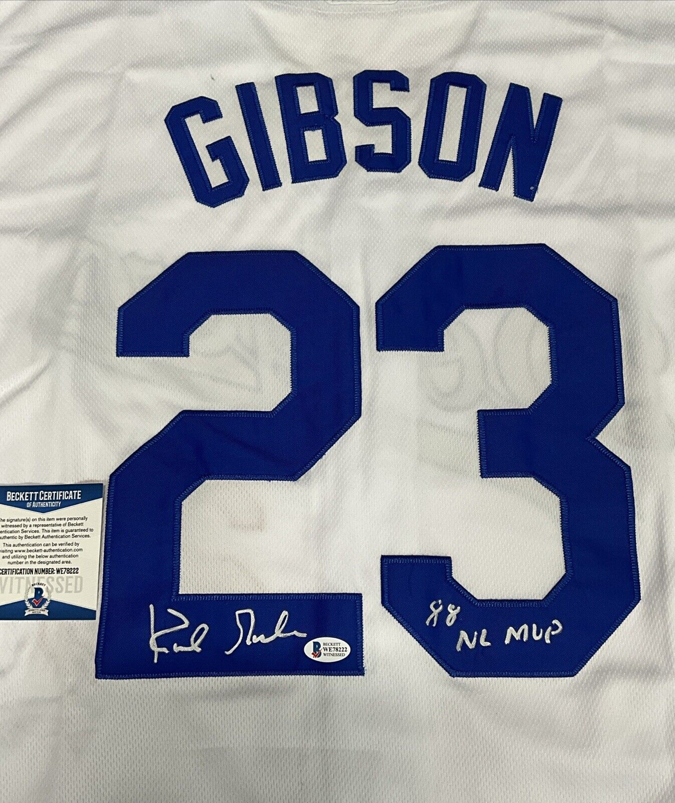 KIRK GIBSON SIGNED DODGERS 88 WORLD SERIES JERSEY "88 NL MVP" INSC BAS WE78222