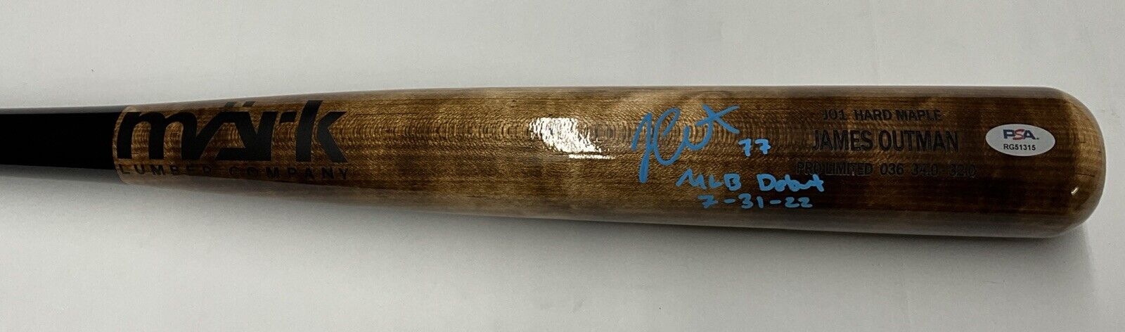 JAMES OUTMAN DODGERS SIGNED MARK LUMBER MODEL BAT "MLB DEBUT 7-31-22 PSA RG51315