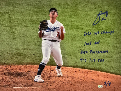 3/7 JULIO URIAS DODGERS SIGNED 22X32 CANVAS "2020 WS CHAMPS, LAST OUT" INS BAS