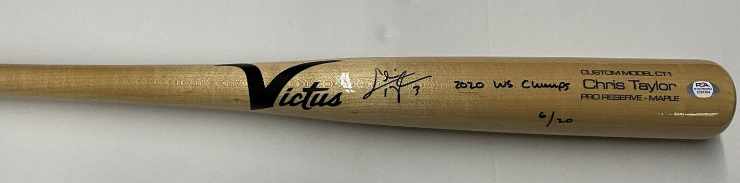 6/20 CHRIS TAYLOR DODGERS SIGNED VICTUS GAME MODEL BAT "2020 WS CHAMPS" INS PSA