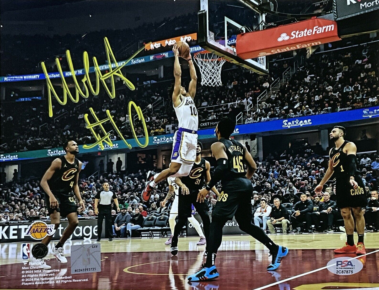 MAX CHRISTIE LOS ANGELES LAKERS SIGNED 8X10 DUNK VS CAVALIERS PHOTO YELLOW PSA