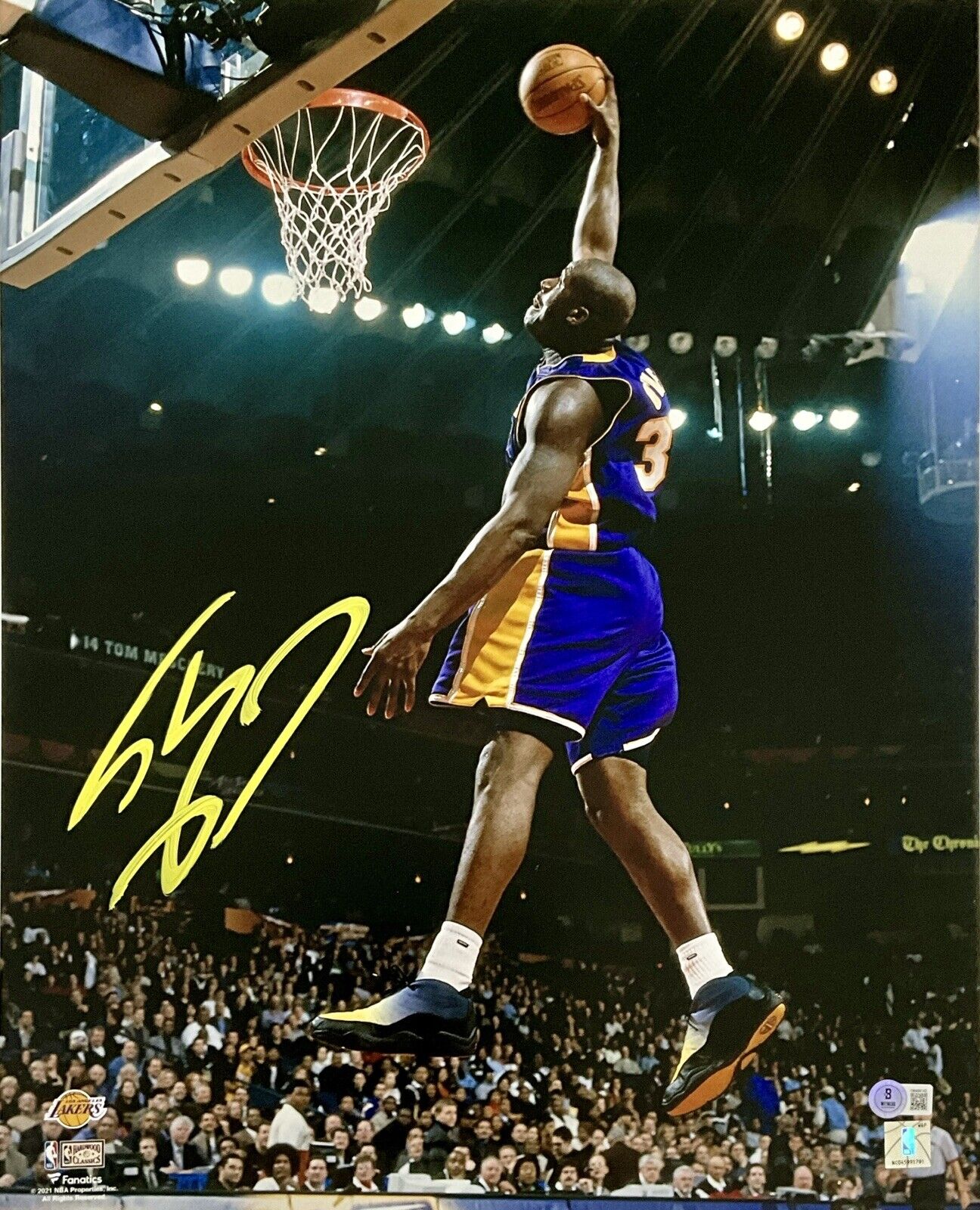 SHAQUILLE O'NEAL LAKERS SIGNED 16X20 PHOTO ONE-HANDED PURPLE DUNK BAS WITNESS