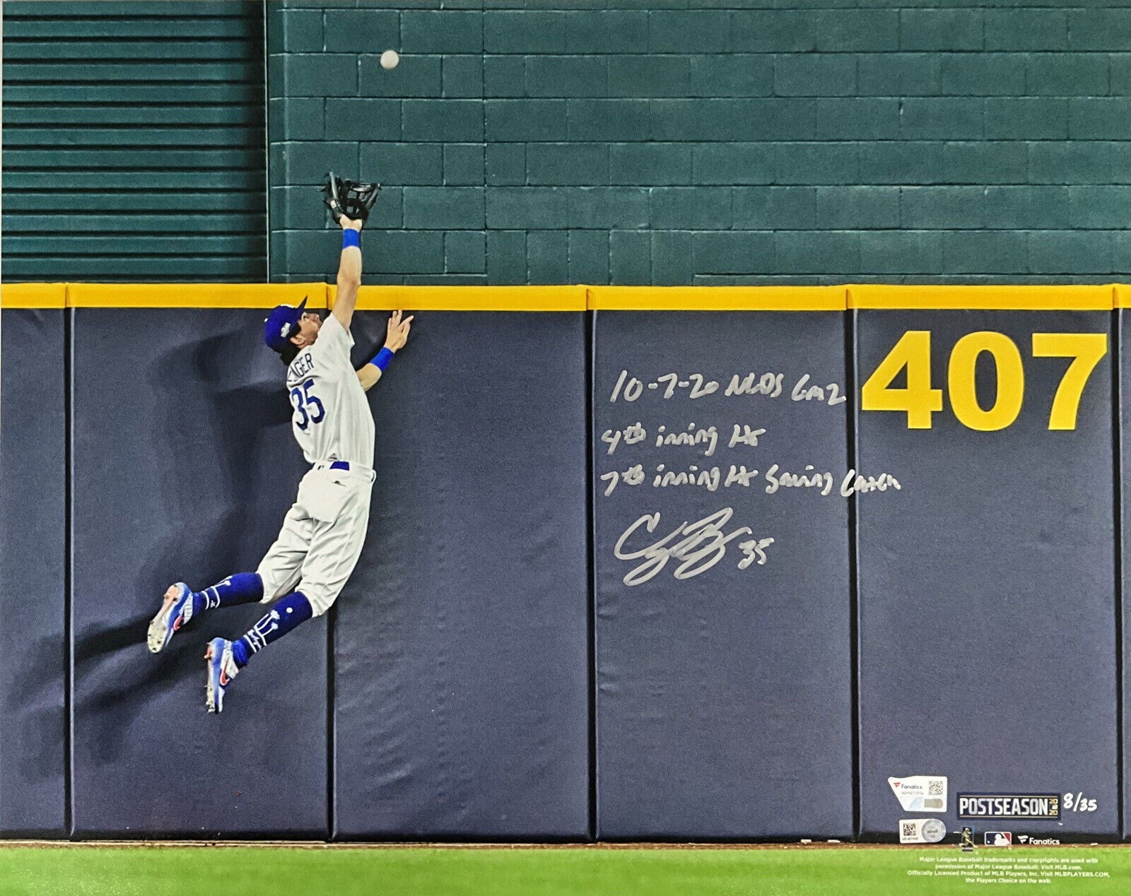 8/35 CODY BELLINGER DODGERS SIGNED 2020 NLDS GAME 16X20 PHOTO 3 INSCRIPTION MLB