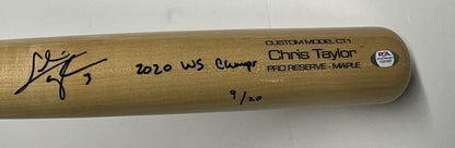 9/20 CHRIS TAYLOR DODGERS SIGNED VICTUS GAME MODEL BAT "2020 WS CHAMPS" INS PSA