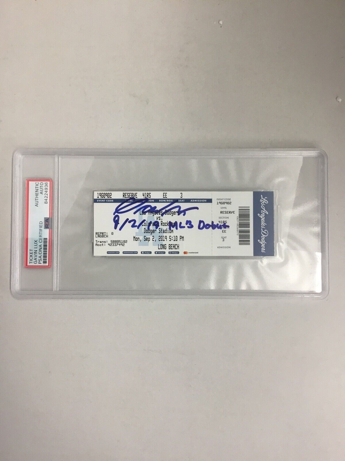 GAVIN LUX SIGNED PSA SLABBED TICKET STUB "9/2/19 MLB DEBUT" INSCRIPT FANATICS 35