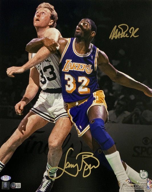 MAGIC JOHNSON LAKERS LARRY BIRD BOSTON CELTICS SIGNED 16X20 PHOTO BAS PSA C10268