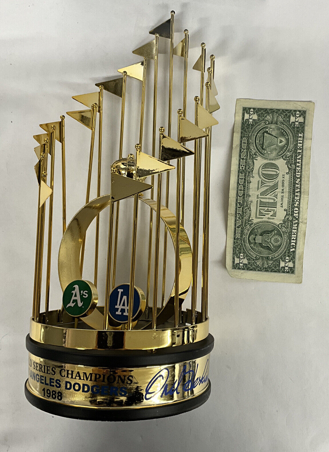 OREL HERSHISER KIRK GIBSON SIGNED DODGERS 12" 88 WORLD SERIES TROPHY PSA 9A20776