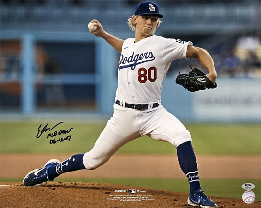 EMMETT SHEEHAN DODGERS SIGNED 16X20 PHOTO VS GIANTS "MLB DEBUT 06-16-23" BLK PSA