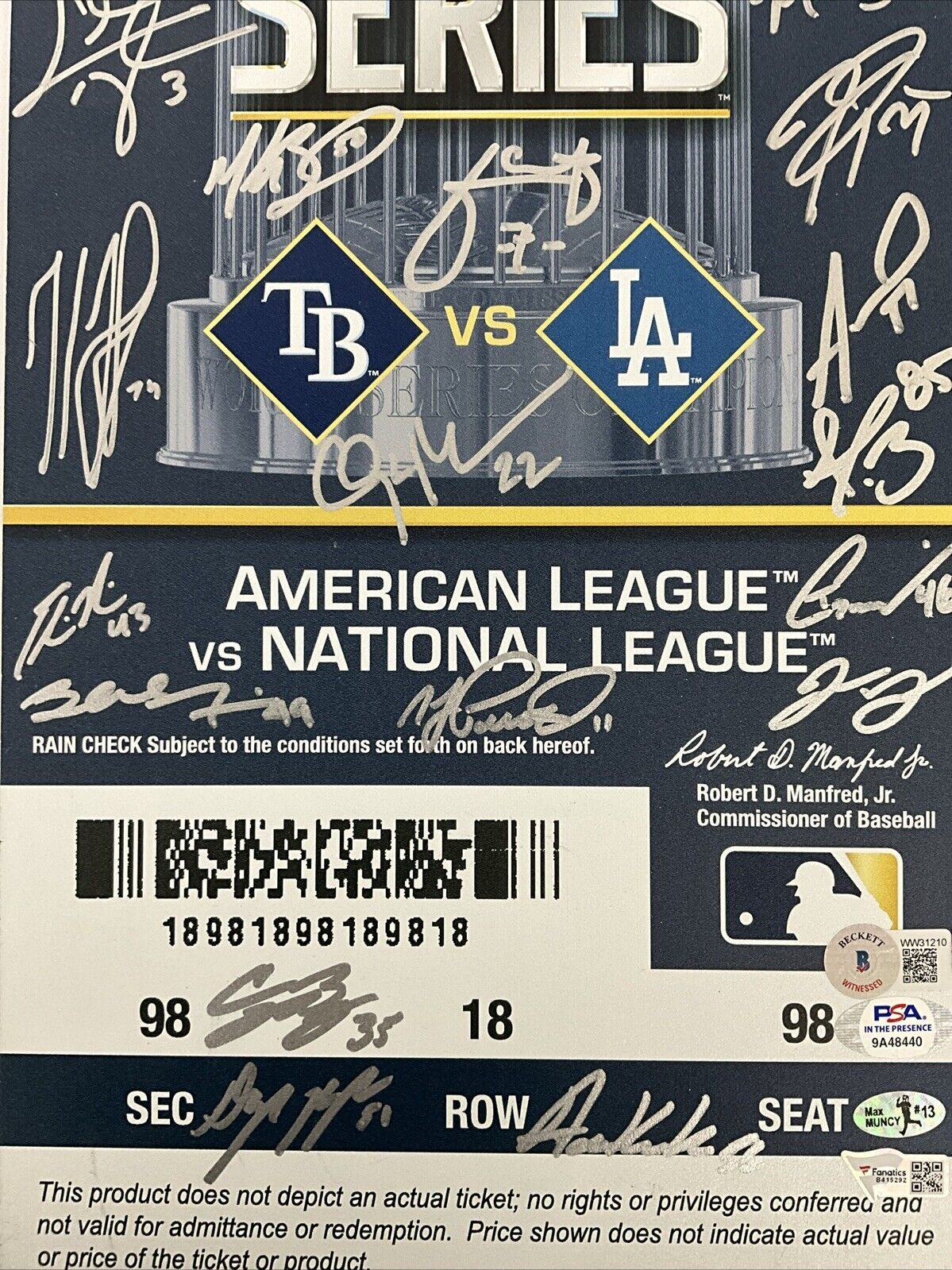 DODGERS 2020 WORLD SERIES FULL TEAM SIGNED 8X20 TICKET 29 AUTOS PSA 9A48440