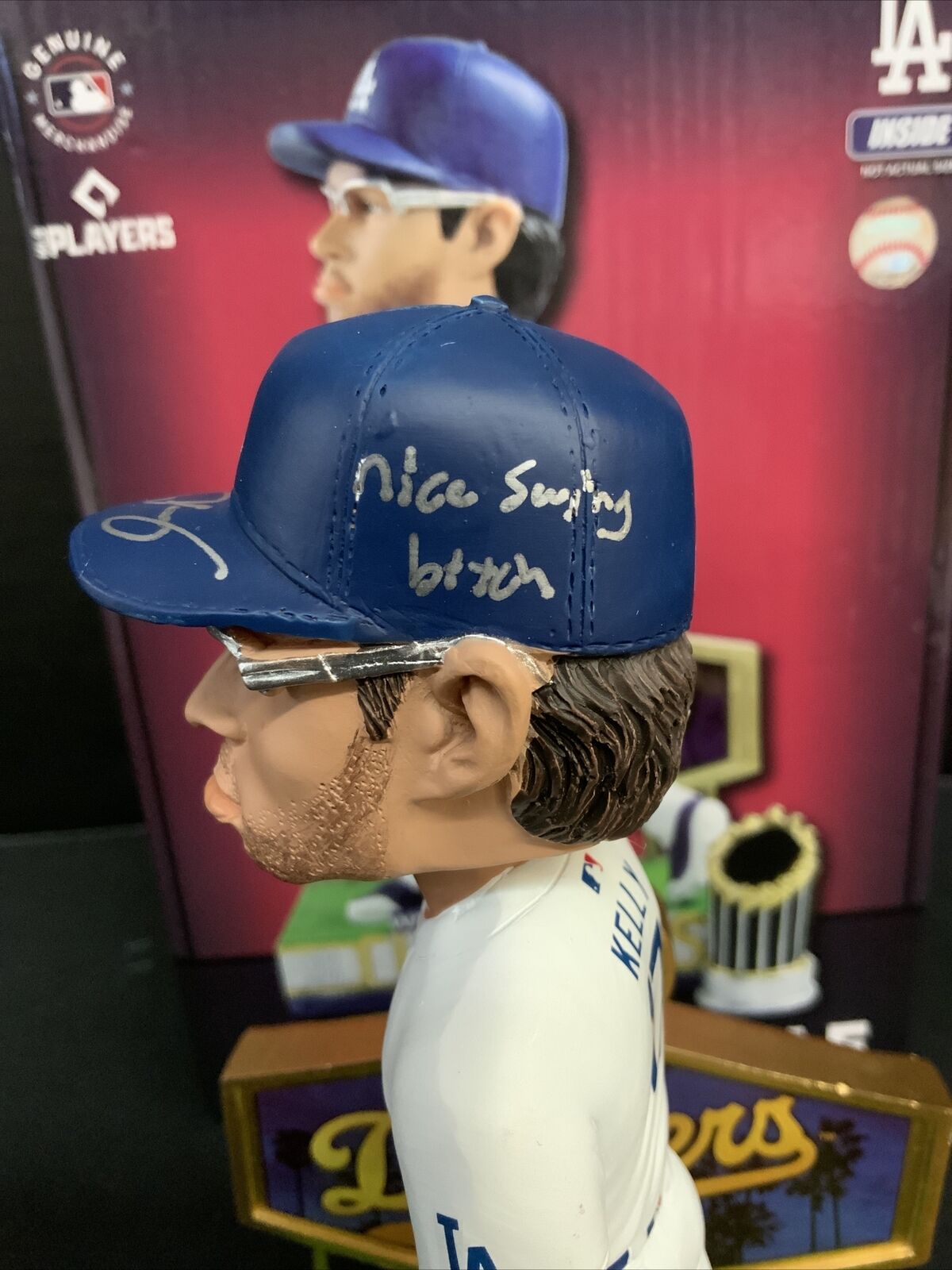 JOE KELLY DODGERS SIGNED POUTY FACE BOBBLEHEAD "NICE SWING BITCH" PSA 9A96004