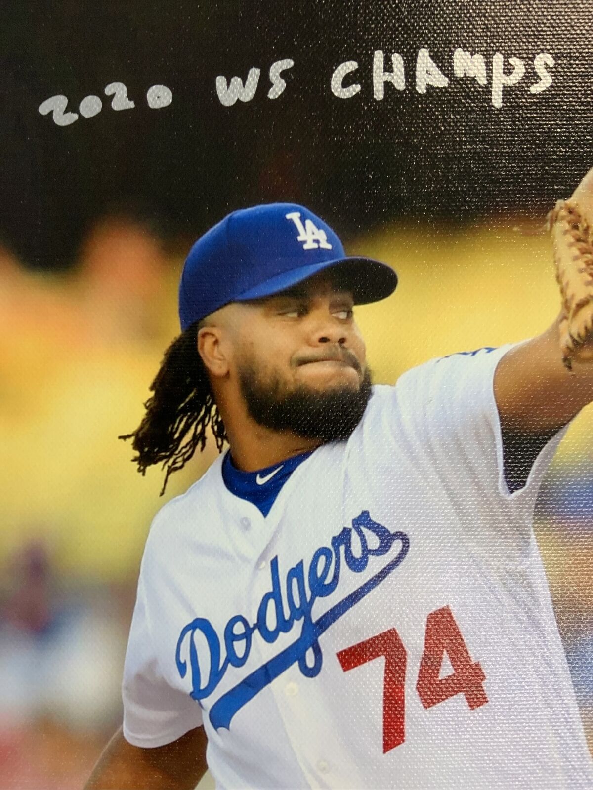 KENLEY JANSEN DODGERS SIGNED 18X22 CANVAS PRINT "2020 CHAMPS" INSC PSA 9A48413