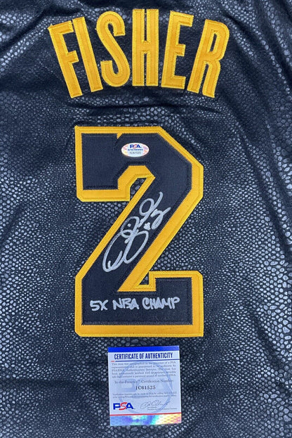 DEREK FISHER LAKERS SIGNED BLACK JERSEY "5X NBA CHAMP" INSCRIPTION PSA 1C61525