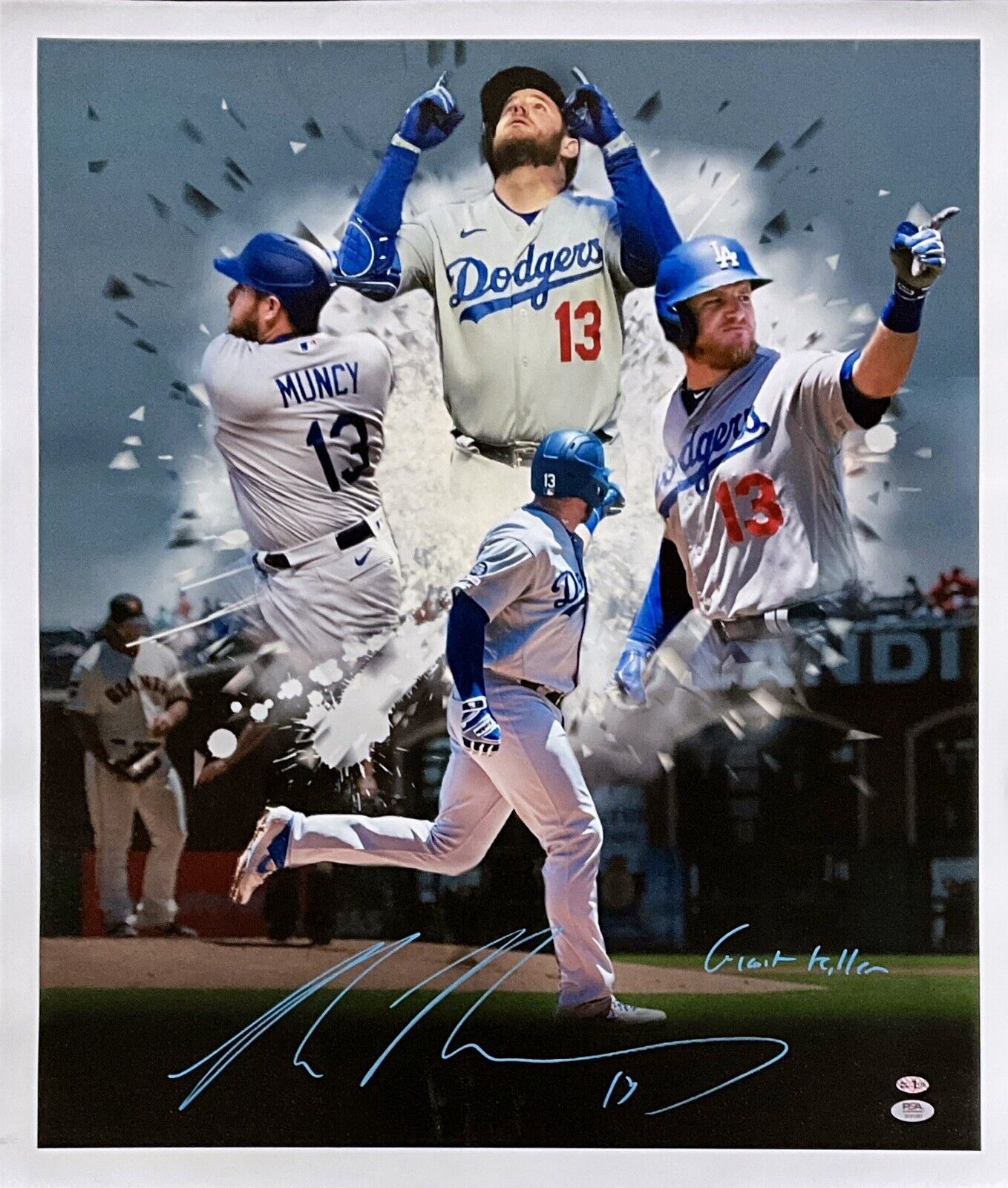 MAX MUNCY DODGERS SIGNED 22X26 CANVAS EDIT  VS GIANTS "GIANT KILLER" PSA 2C51261