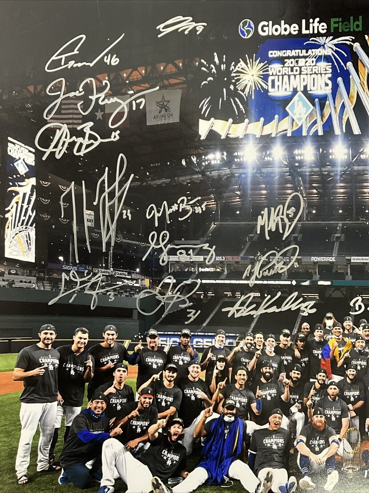 DODGERS 2020 WORLD SERIES FULL TEAM SIGNED 20X24 PHOTO 30 AUTOS PSA 9A48075