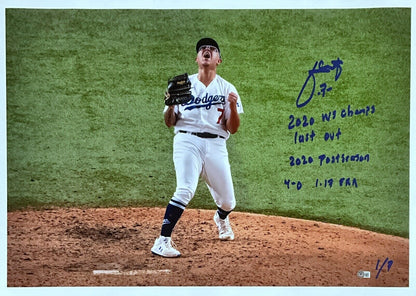 1/7 JULIO URIAS DODGERS SIGNED 22X32 CANVAS "2020 WS CHAMPS, LAST OUT" INS BAS