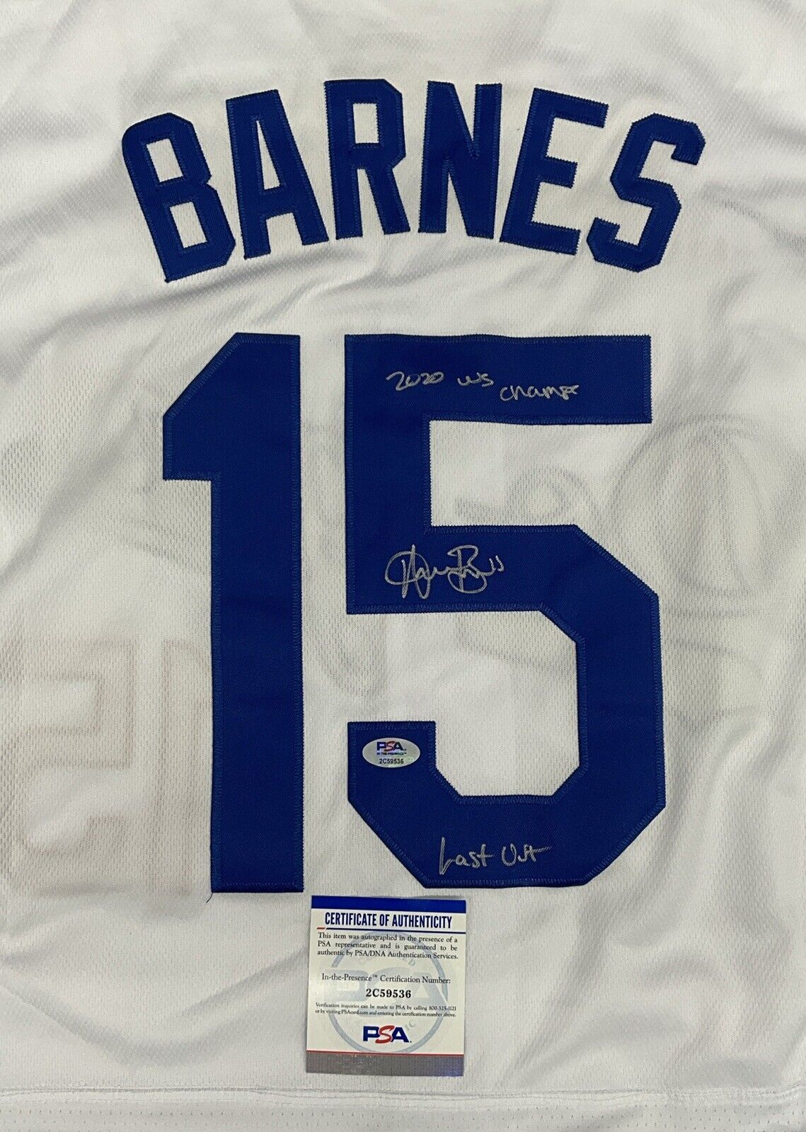 AUSTIN BARNES SIGNED 2020 WS JERSEY "2020 WS CHAMPS LAST OUT" PSA 2C59536