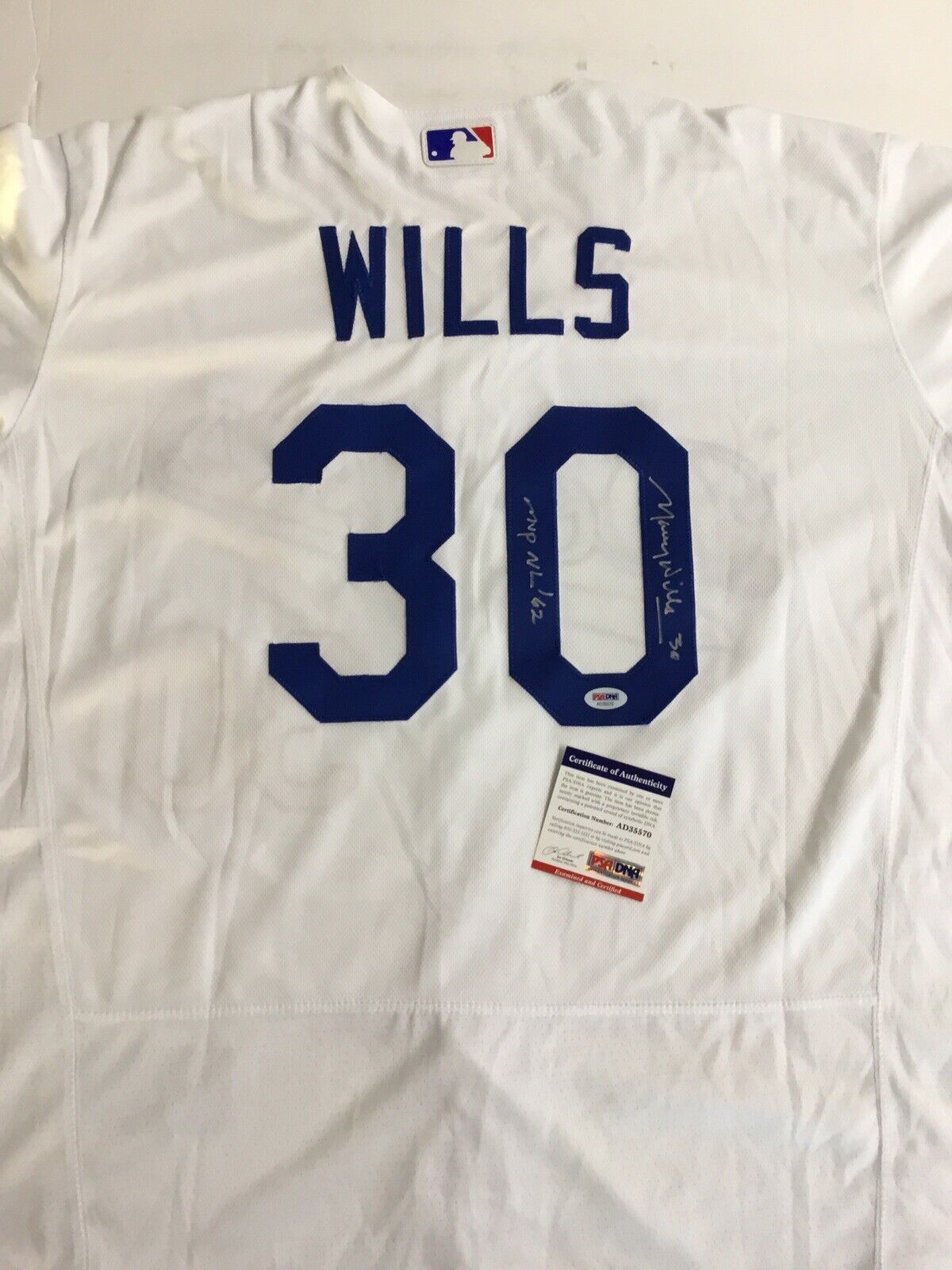 MAURY WILLS DODGERS SIGNED JERSEY WITH "MVP NL 62'" INSCRIPTION PSA COA