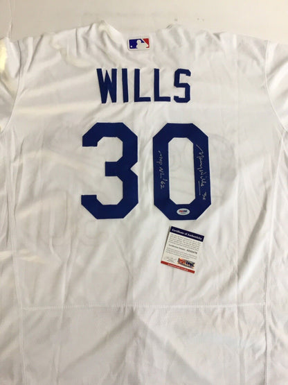 MAURY WILLS DODGERS SIGNED JERSEY WITH "MVP NL 62'" INSCRIPTION PSA COA