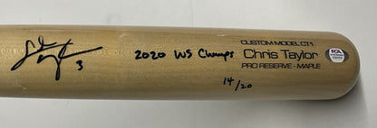 14/20 CHRIS TAYLOR DODGERS SIGNED VICTUS GAME MODEL BAT "2020 WS CHAMPS" INS PSA