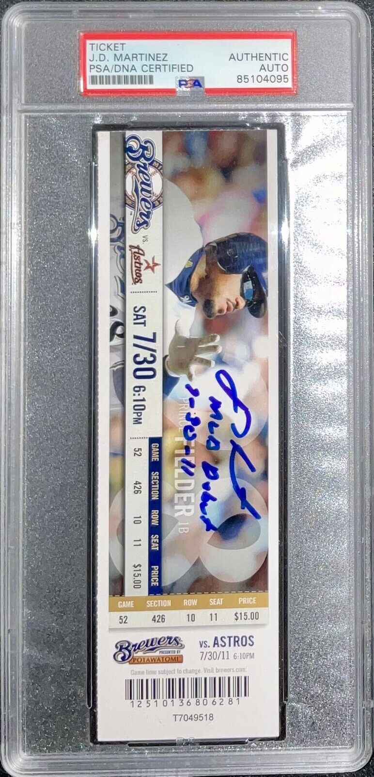 JD MARTINEZ SIGNED MLB DEBUT FULL TICKET "MLB DEBUT 7-30-11" INSC PSA 85104095