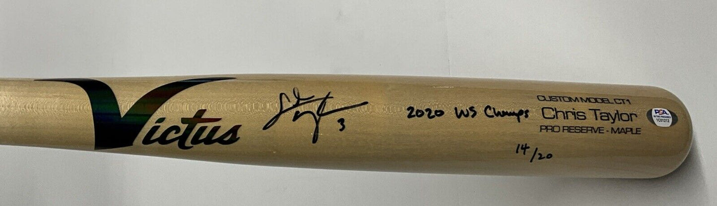 14/20 CHRIS TAYLOR DODGERS SIGNED VICTUS GAME MODEL BAT "2020 WS CHAMPS" INS PSA