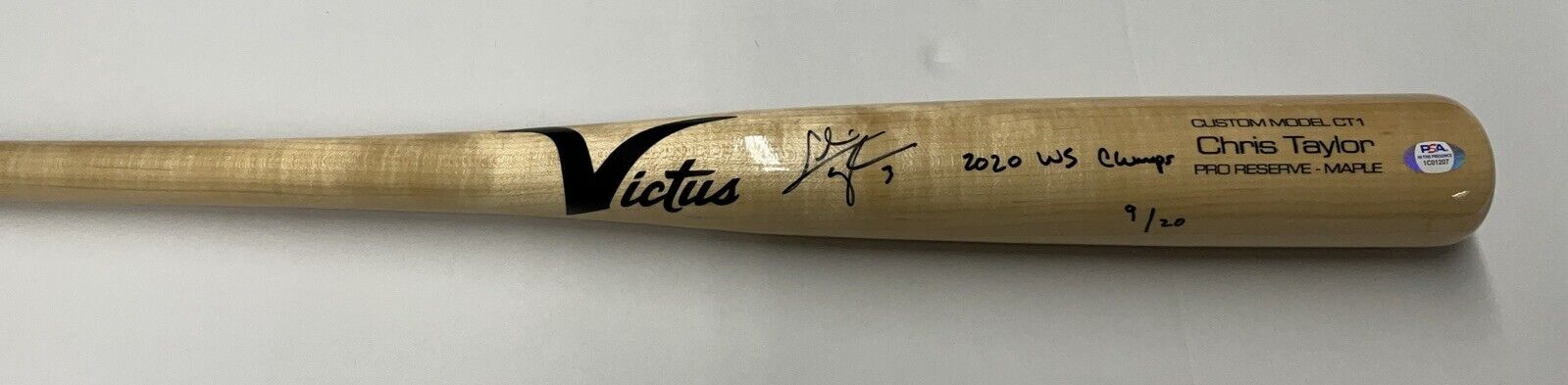 9/20 CHRIS TAYLOR DODGERS SIGNED VICTUS GAME MODEL BAT "2020 WS CHAMPS" INS PSA