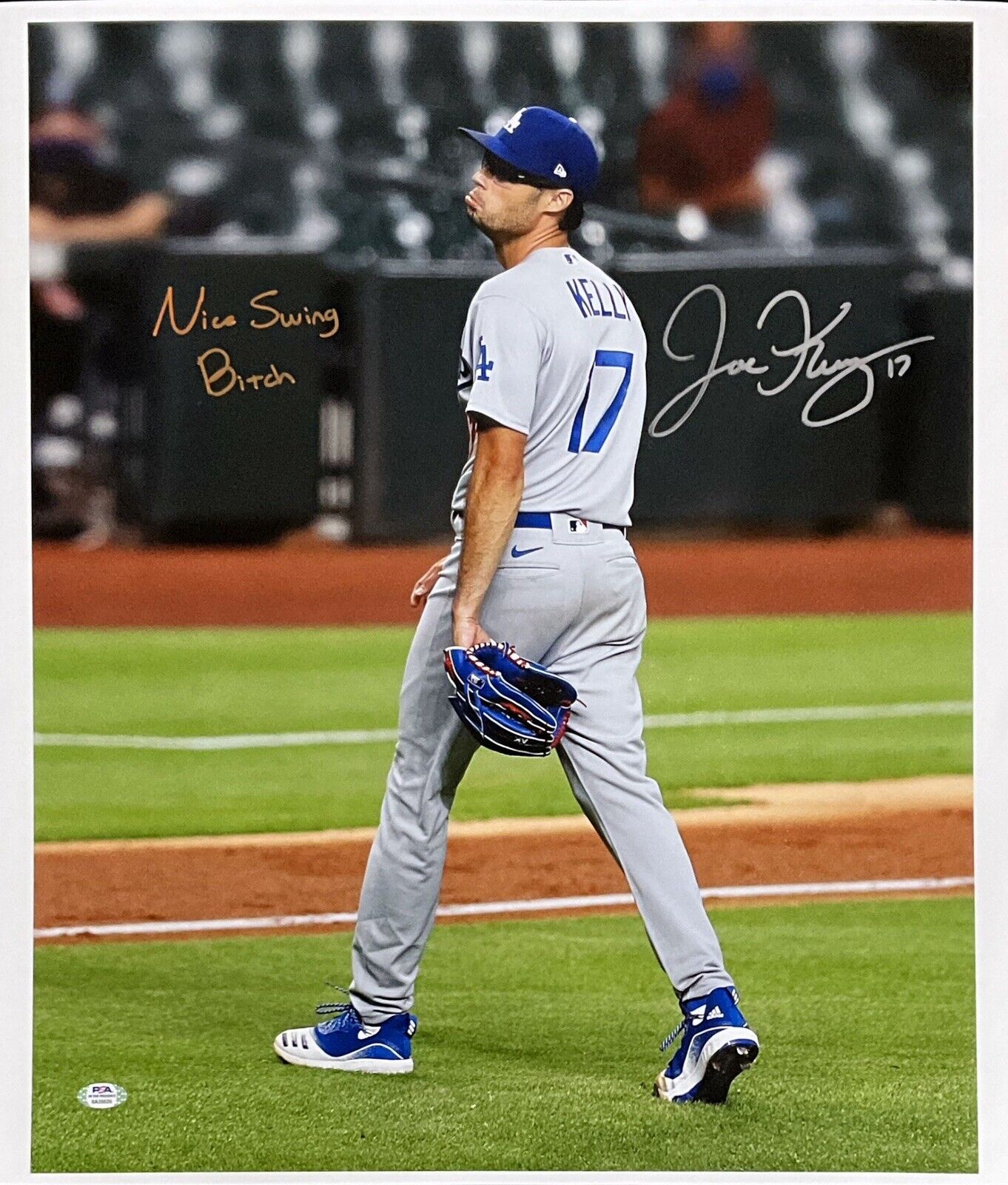 JOE KELLY SIGNED DODGERS 19X23 POUTY FACE CANVAS 
