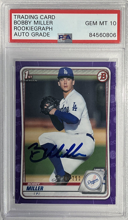 BOBBY MILLER DODGERS SIGNED 1ST BOWMAN PURPLE 85/250 PSA 84560806 GEM MT 10 AUTO