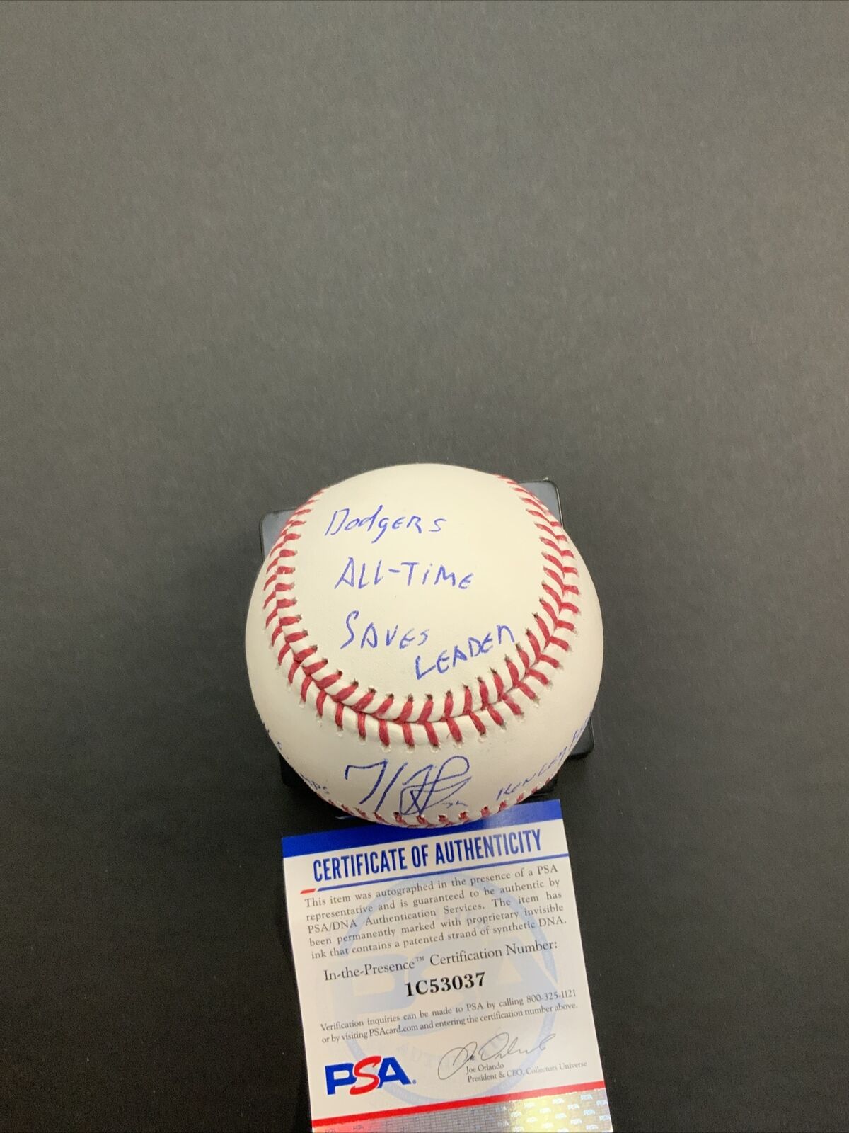 KENLEY JANSEN SIGNED BASEBALL "300 SAVES CLUB, DODGERS SAVES LEADER" 4 INS PSA 